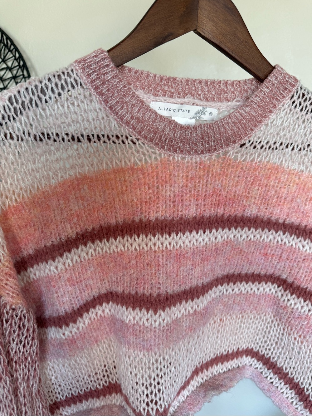🍂 Altar'd State Pink & Cream Striped Open-Knit Crew Sweater